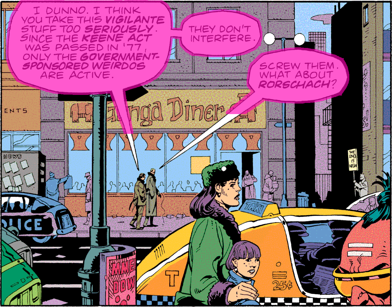 A Watchmen test panel with three speech balloons highlighted in magenta while signs and other lettering in the street scene remain unmasked.